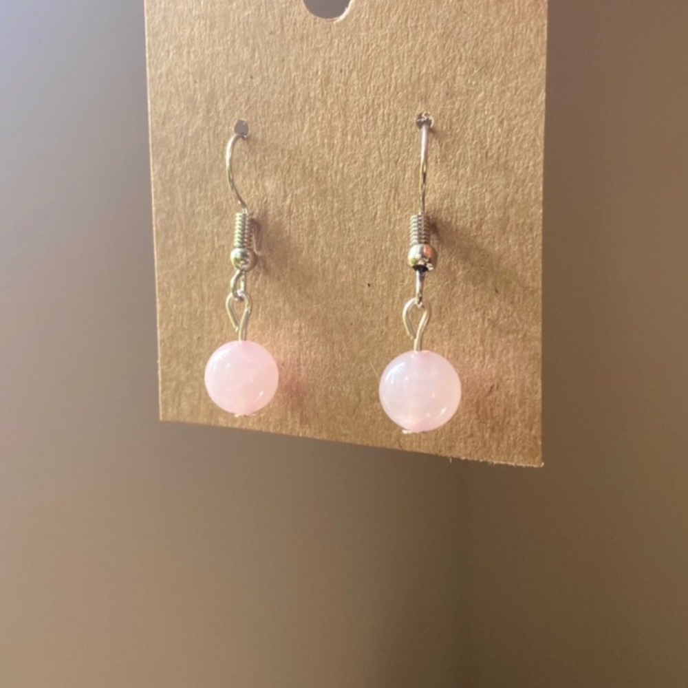 Rose quartz Crystal Gemstone Round balls Bead Stone Silver dangle drop earrings